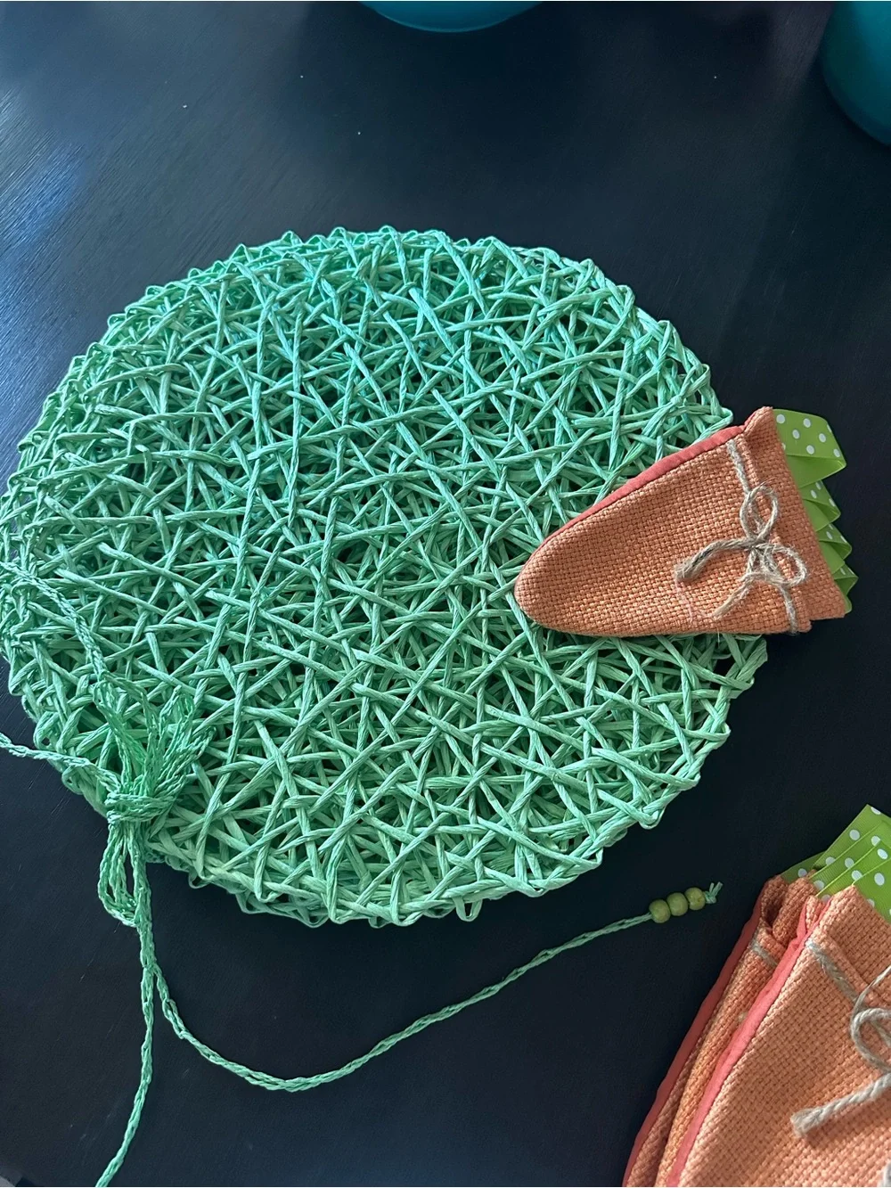 Source Unknown set of 8 bright green placemats and 8 carrot napkin holders